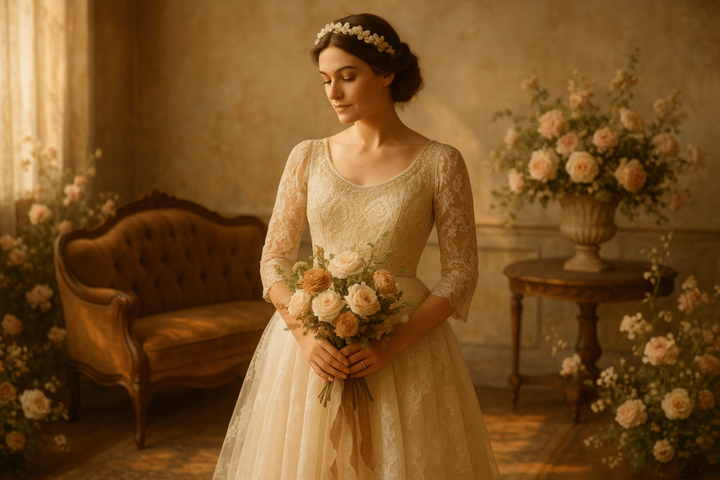 Bride in vintage wedding dresses with 1920s beading and sustainable lace in a romantic setting, showcasing vintage style wedding dresses and retro wedding gowns.