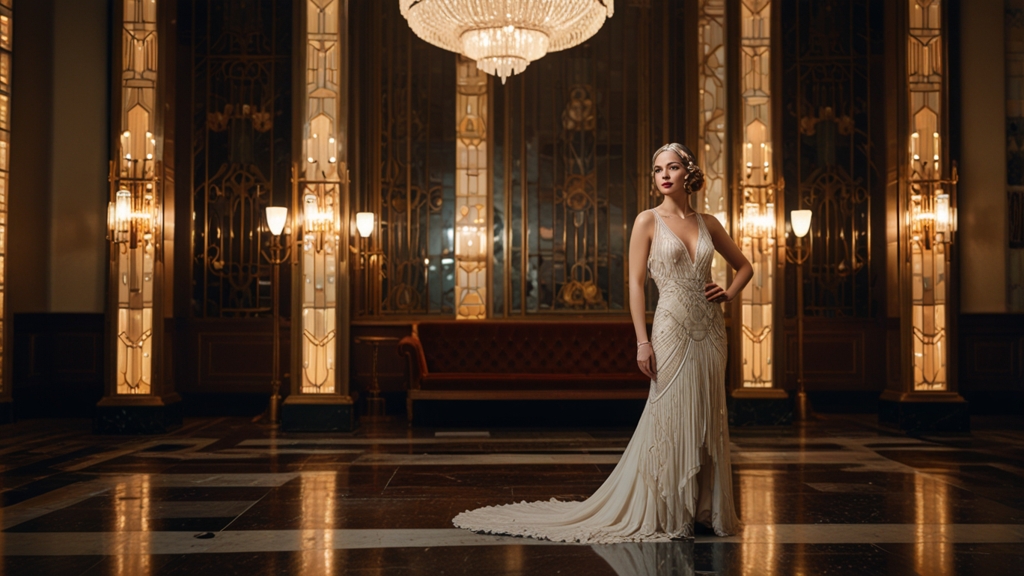 Bride in vintage wedding dresses with 1920s Art Deco beading and fringe, standing in an opulent venue, showcasing vintage style wedding dresses.
