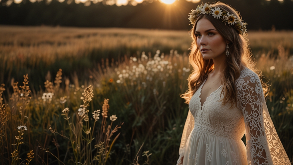 Bride in boho wedding dresses with 1970s floral lace and bell sleeves in a rustic field, showcasing vintage wedding dresses and retro wedding gowns.