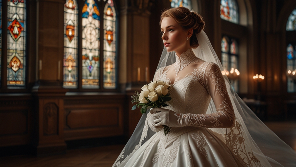 Bride in vintage style wedding dresses with an Edwardian high-neck lace gown in a ballroom, showcasing vintage wedding dresses and retro wedding gowns.