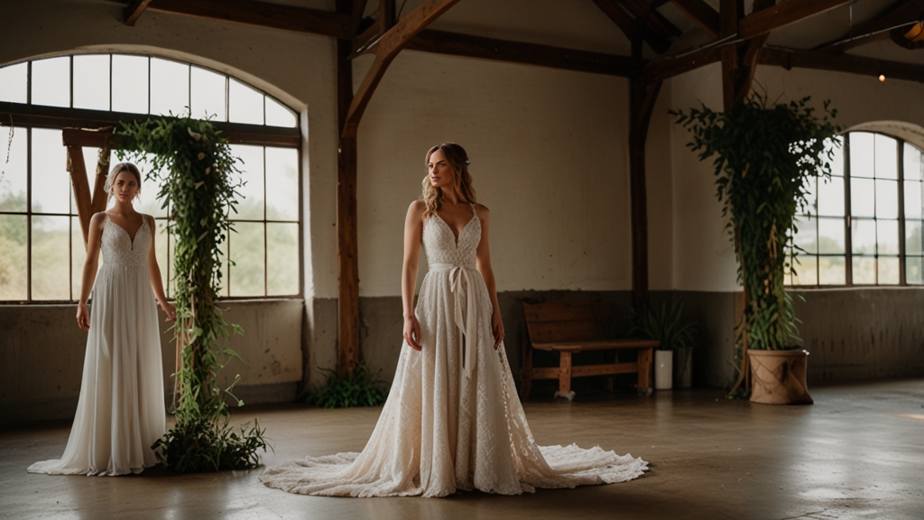 Bride in sustainable wedding dresses with a secondhand vintage lace gown in an eco-friendly venue, showcasing vintage wedding dresses and vintage style wedding dresses.
