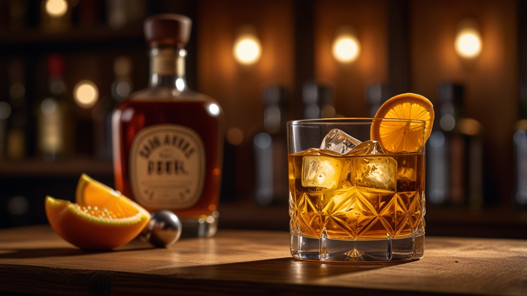 Classic Old Fashioned drink in vintage rocks glass with bourbon and orange twist, a timeless whiskey cocktail.