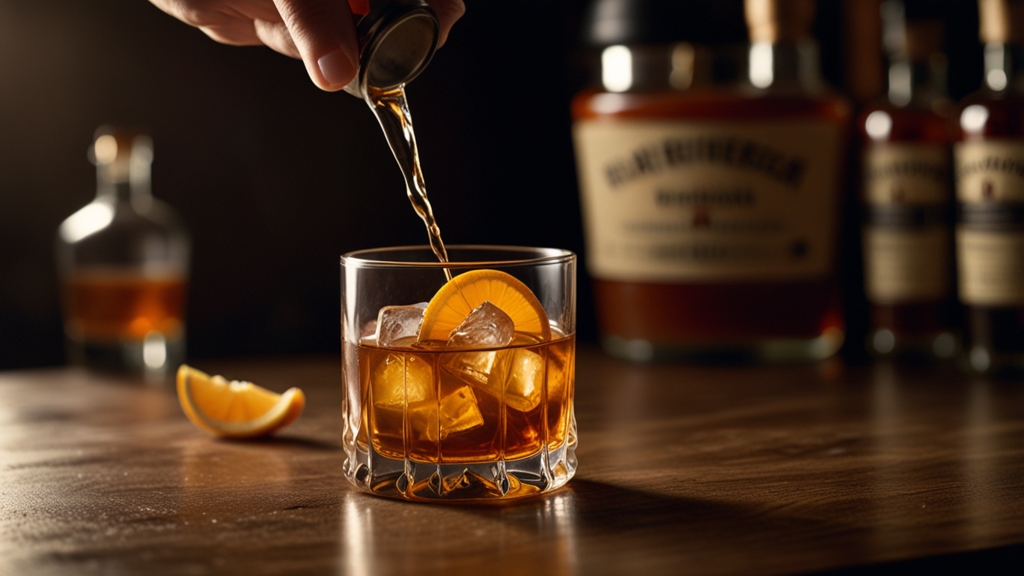 How to make an Old Fashioned: stirring bourbon and bitters for a classic cocktail in a retro glass.
