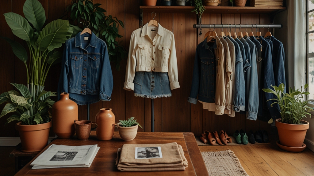 Sustainable fashion with vintage clothing like a 1970s blouse and 1990s denim jacket on a table, showcasing where to buy vintage clothing.