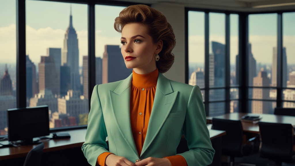 1980s fashion businesswoman in a shoulder-padded power suit with statement earrings, standing in an office, embodying vintage 80s clothing and 80s fashion trends.