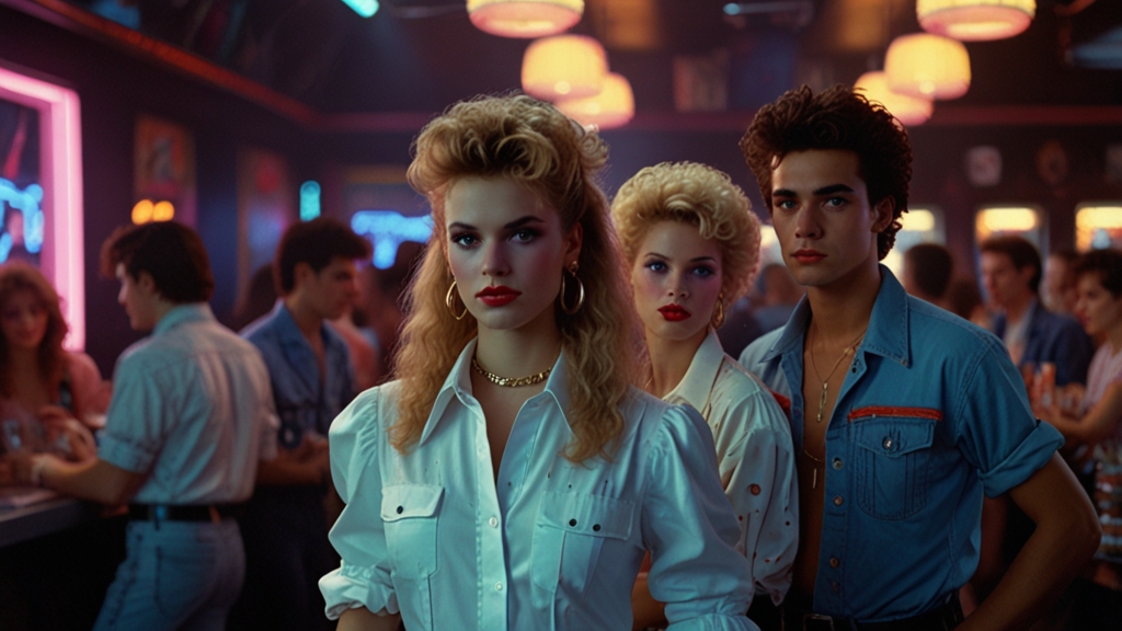 Group of people in vibrant 1980s fashion, wearing New Wave frilled shirts and neon accessories, dancing in a retro club, showcasing 80s fashion trends and 1980s fashion inspiration.