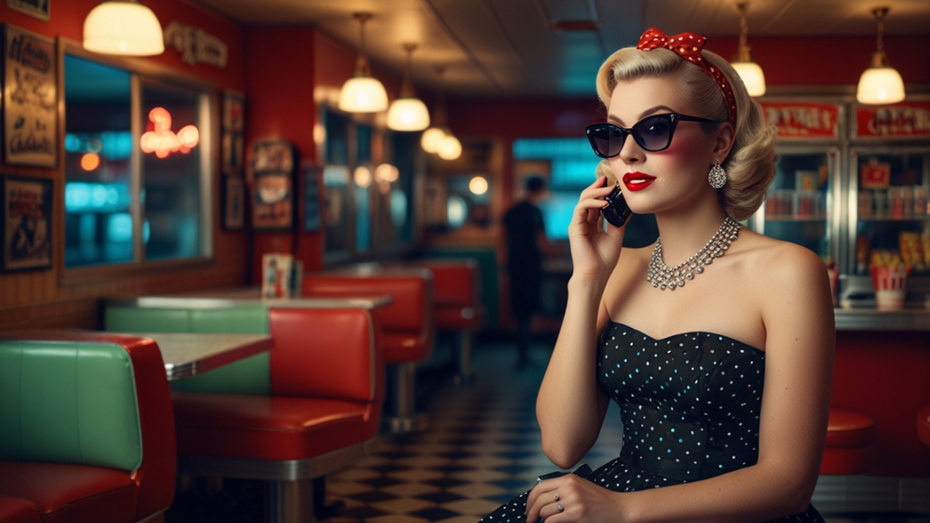 Model in vintage style clothing with a 1950s polka-dot swing dress in a retro diner, showcasing vintage clothing and retro clothing.