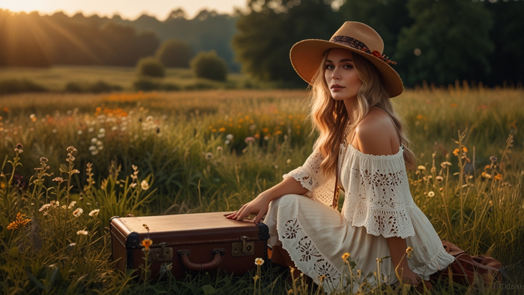 Model in vintage clothing with a 1970s boho maxi skirt and crochet top in a field, showcasing retro clothing and sustainable fashion.