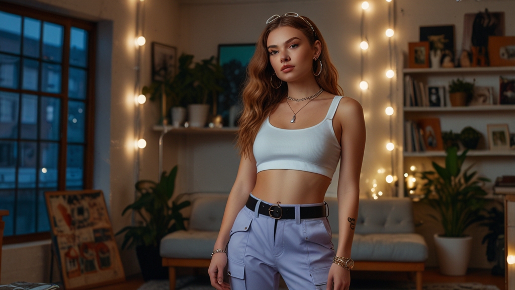 Model in vintage clothing with a Y2K crop top and cargo pants in a loft, showcasing retro clothing and where to buy vintage clothing.