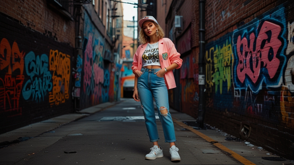 Model in retro clothing with an 1980s graphic tee and oversized blazer in an urban alley, showcasing vintage clothing and vintage style clothing.
