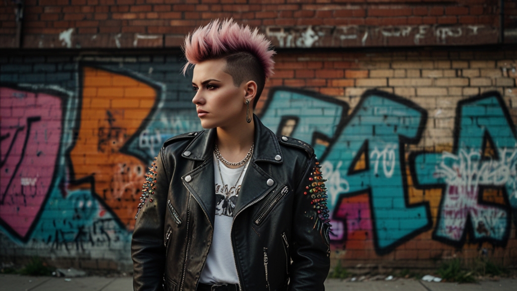 1980s fashion punk with a distressed leather jacket and colorful mohawk in an urban alley, embodying 80s fashion trends and 1980s fashion inspiration.