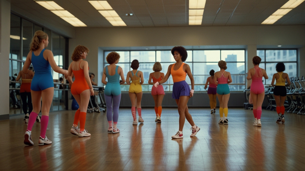 Women in 1980s fashion wearing colorful leotards and leg warmers in an aerobics class, showcasing 80s fashion trends and vintage 80s clothing.