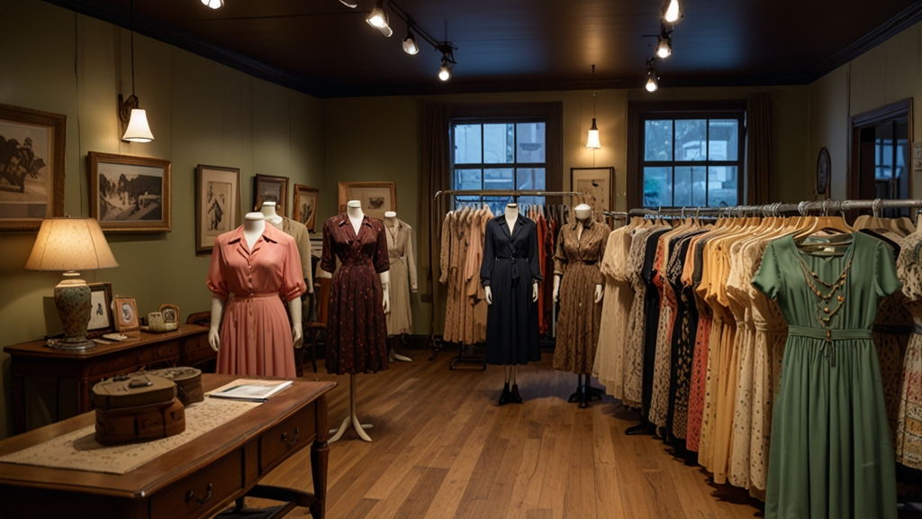 Vintage boutique with authentic vintage clothing, including a silk dress, for finding unique vintage fashion in 2025.