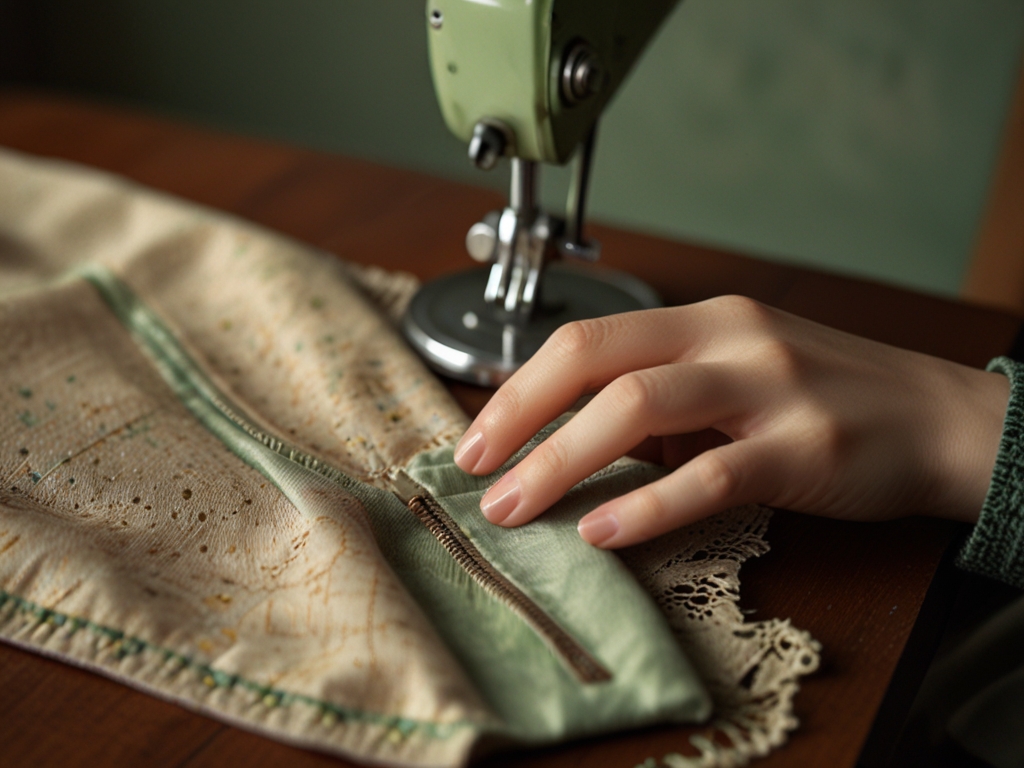Close-up of 1950s vintage clothing details for vintage fashion shopping at vintagelife.tech, verifying authentic vintage fashion with a magnifying glass.