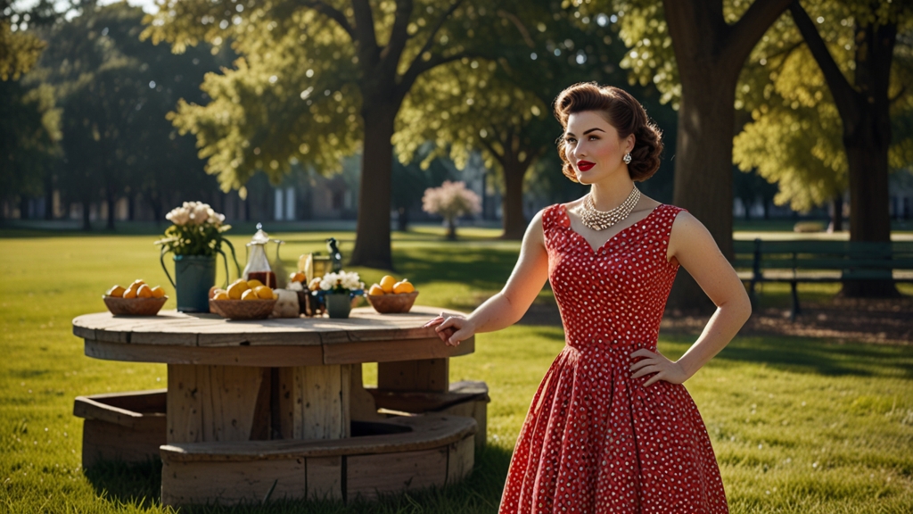 Woman in a 1950s vintage dress with polka dots, styled for modern looks in a sunny park, showcasing unique vintage fashion vintage dresses.