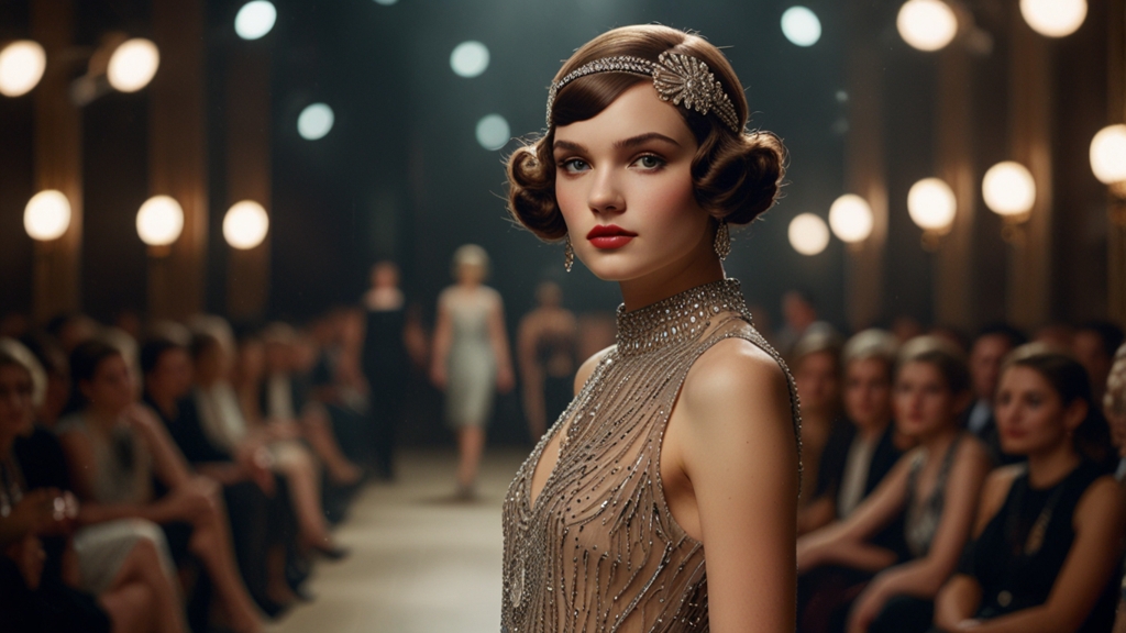 Model in a 1920s beaded vintage dress on a 2025 runway, showcasing retro fashion trends in unique vintage fashion.