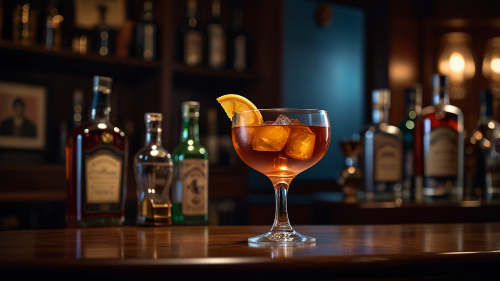 Old Fashioned cocktail in a vintage bar, a classic cocktail with retro whiskey charm.